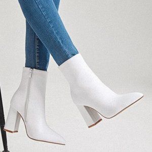 Side Zip Point Toe Chunky Boots White Heeled Boots